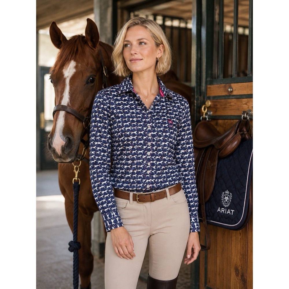 Ariat Shirt Womens Medium Blue Horse Print Button Up Western Equestrian Country